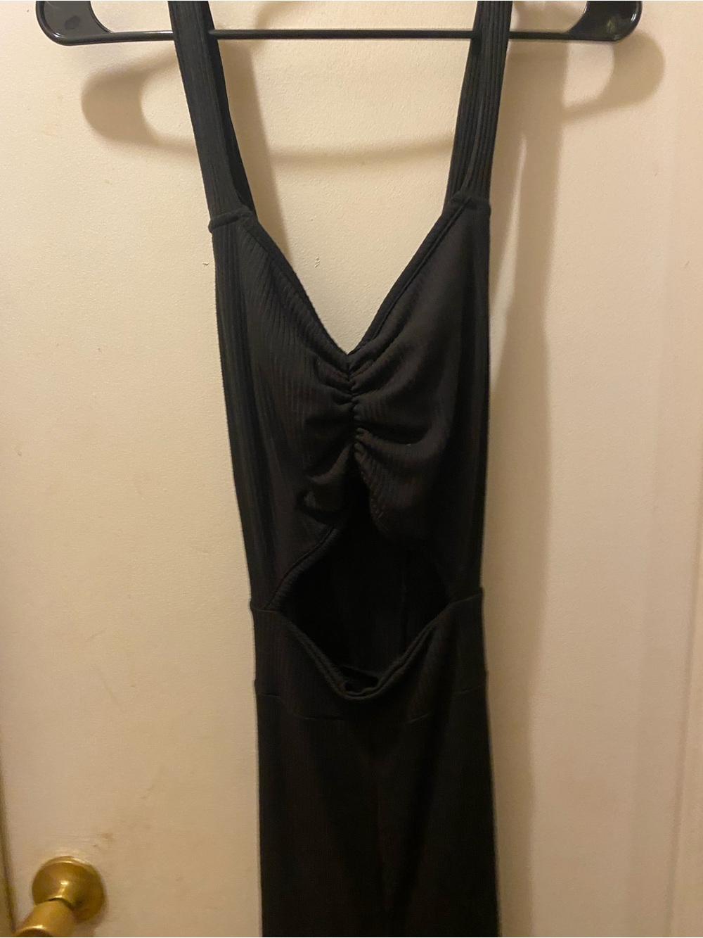 EARTHBOUND Black Ribbed Boot Cut Jumpsuit with Cutout